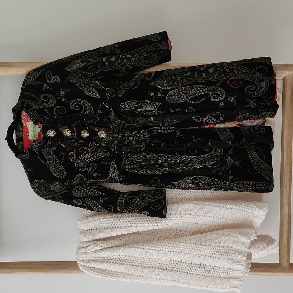 Vintage Anthropologie Le Shack Paisley Trench Military Coat Bow Tie Waist Size 4
